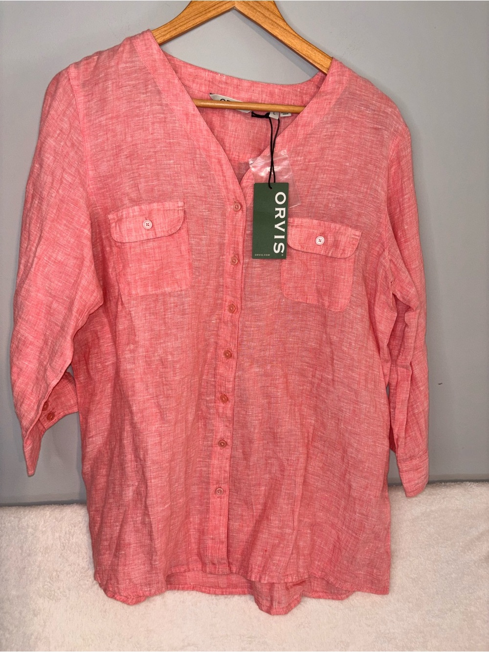 NWT! 100 % Linen Orvis Pink Coral Button-Front Linen Top beach Size Large
